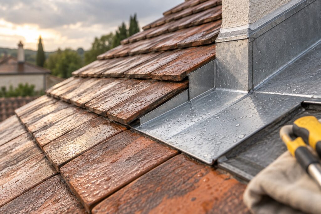 Tuiles et raccord en zinc après la pluie