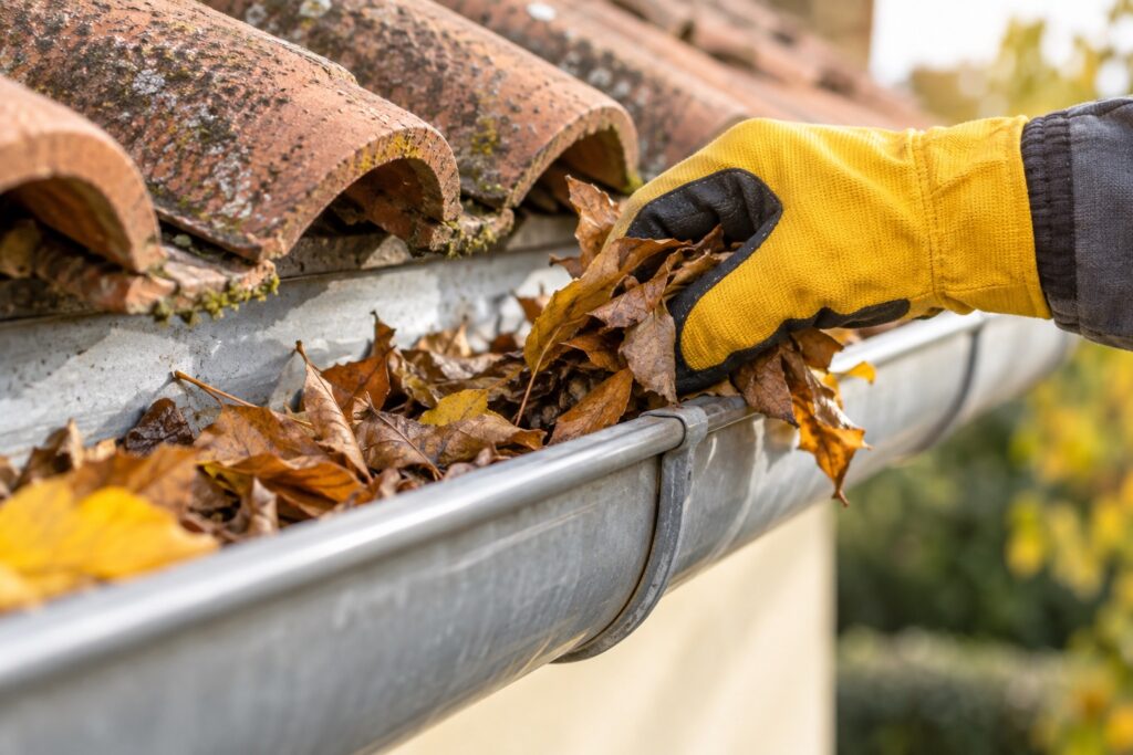 Retrait de feuilles dans une gouttière en zinc