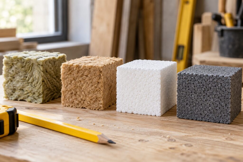 Échantillons de laine minérale, fibre de bois et polystyrène