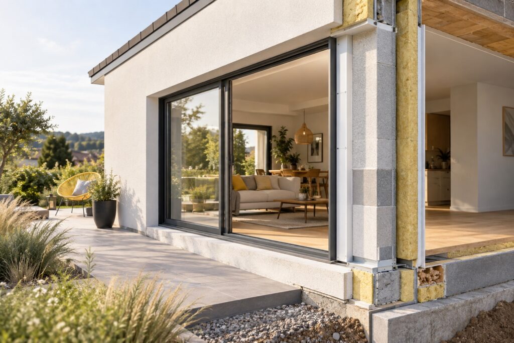 Maison en coupe partielle illustrant une paroi isolée