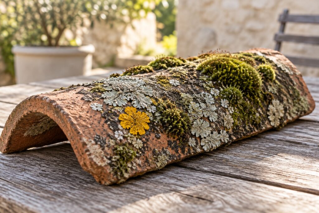 Macro de lichens et mousses sur une vieille tuile terre cuite posée sur une table extérieure, lumière naturelle, texture détaillée.