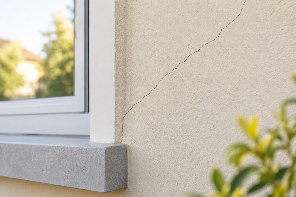 Fissure fine diagonale dans un enduit beige près d’une fenêtre, photographie de détail neutre pour un article de prévention.