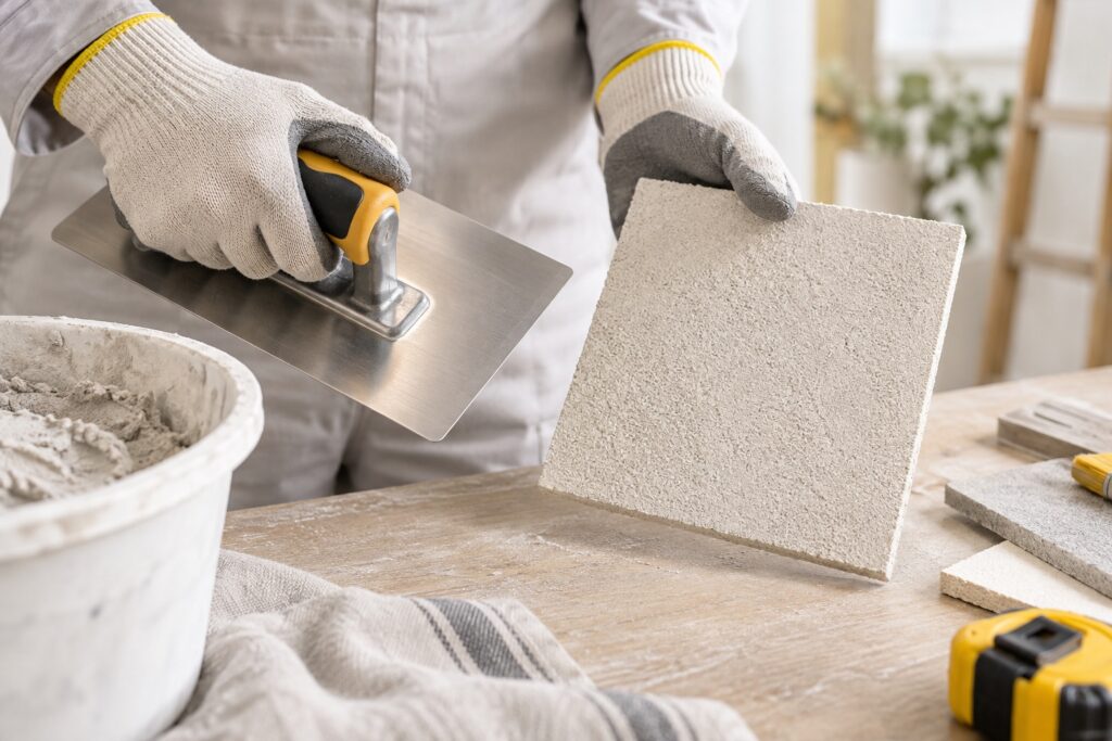 Artisan vu seulement par ses mains gantées tenant une taloche propre et un échantillon d’enduit sur établi.