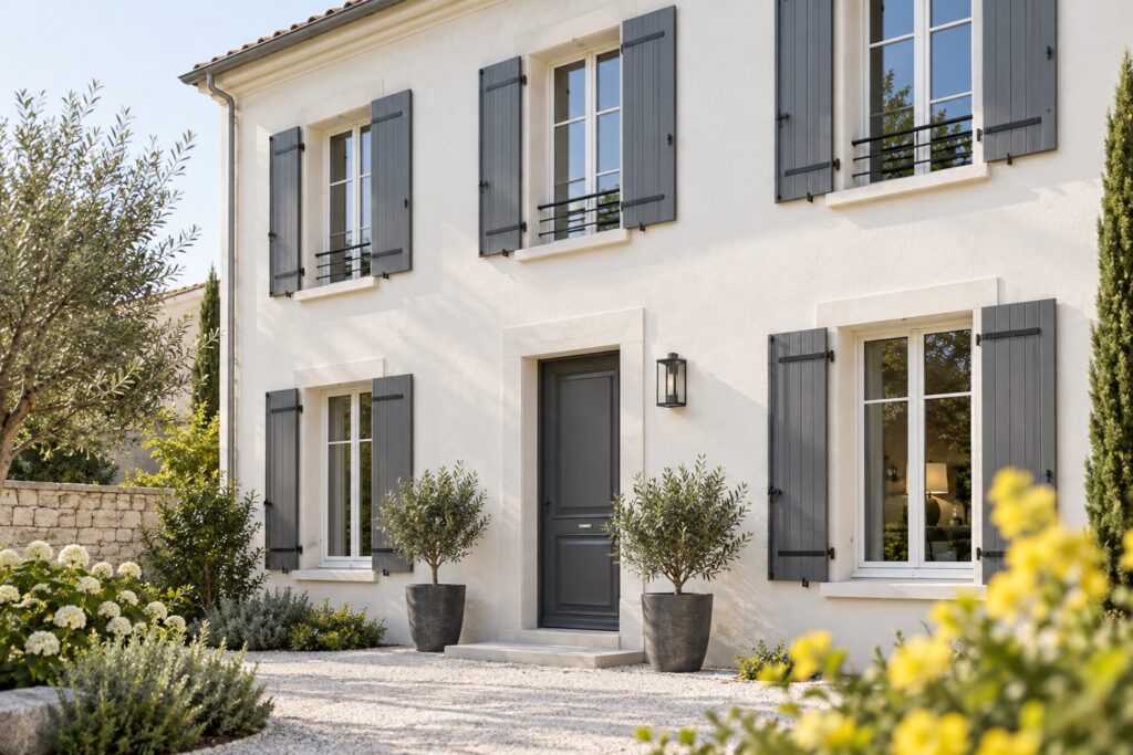 Grande façade enduite claire récemment finie d’une maison française générique, cadrage architectural avec volets gris et petite végétation.