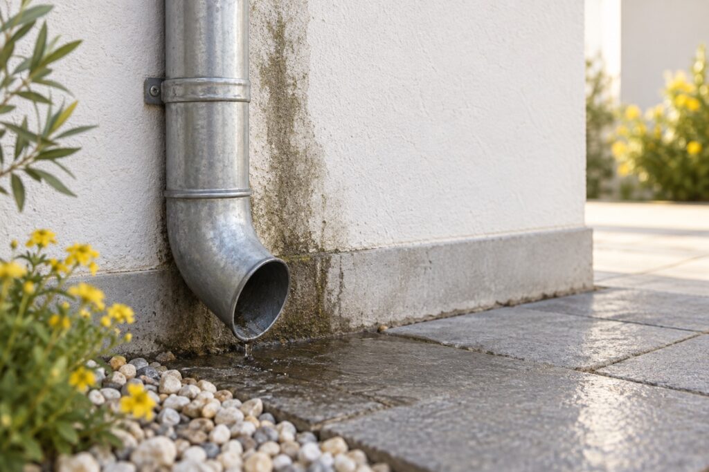 Descente d’eau pluviale en zinc à proximité d’un mur avec trace de ruissellement localisée, photo de détail au niveau du sol.