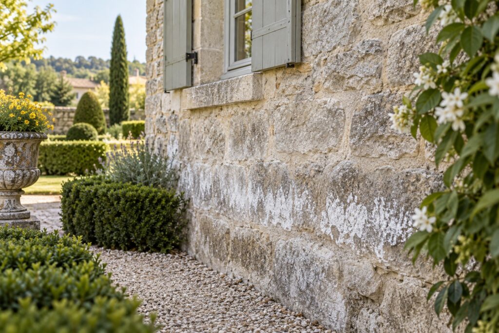 Base d’un mur ancien en pierre avec dépôts blanchâtres discrets, jardin français, photographie documentaire illustrative.