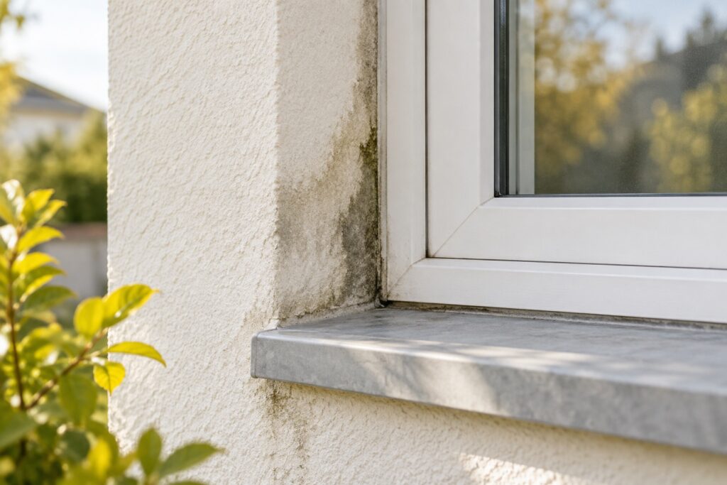 Détail de joint autour d’une fenêtre extérieure avec trace d’humidité localisée, aucun schéma ou mesure.