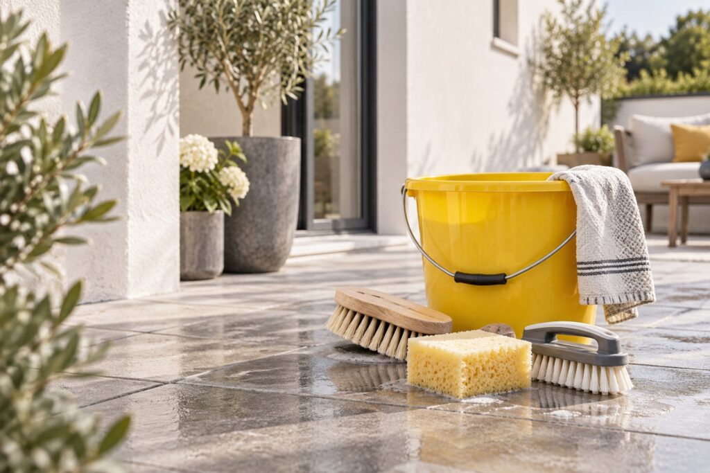 Brosses de nettoyage souples, éponge et seau jaune sur une terrasse devant façade claire, nature morte éditoriale.