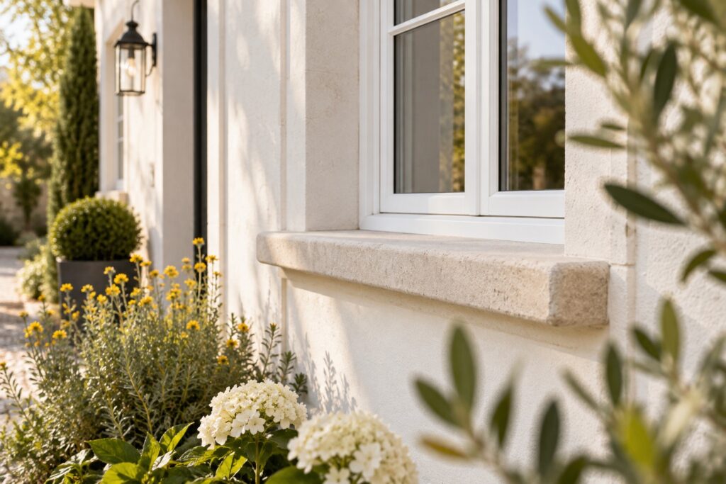Façade claire entretenue avec appui de fenêtre en pierre et plantes au premier plan, cadrage de détail, pas avant/après.