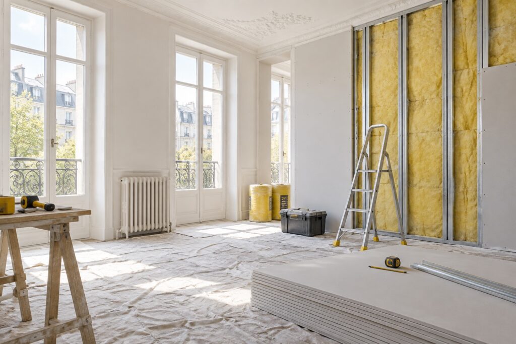 Pièce française lumineuse en cours de rénovation avec isolation intérieure partiellement visible et ossature métallique, sans personne.