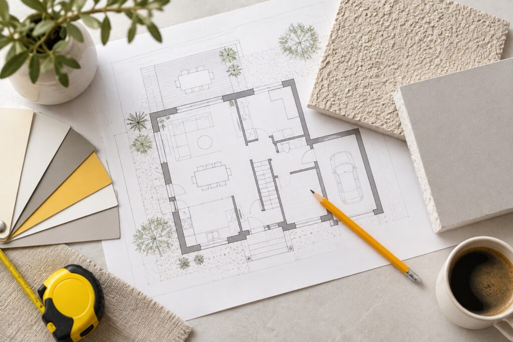 Table de travail avec plan de maison sans texte lisible, échantillon d’enduit extérieur et plaque de plâtre, crayon jaune, vue de dessus.