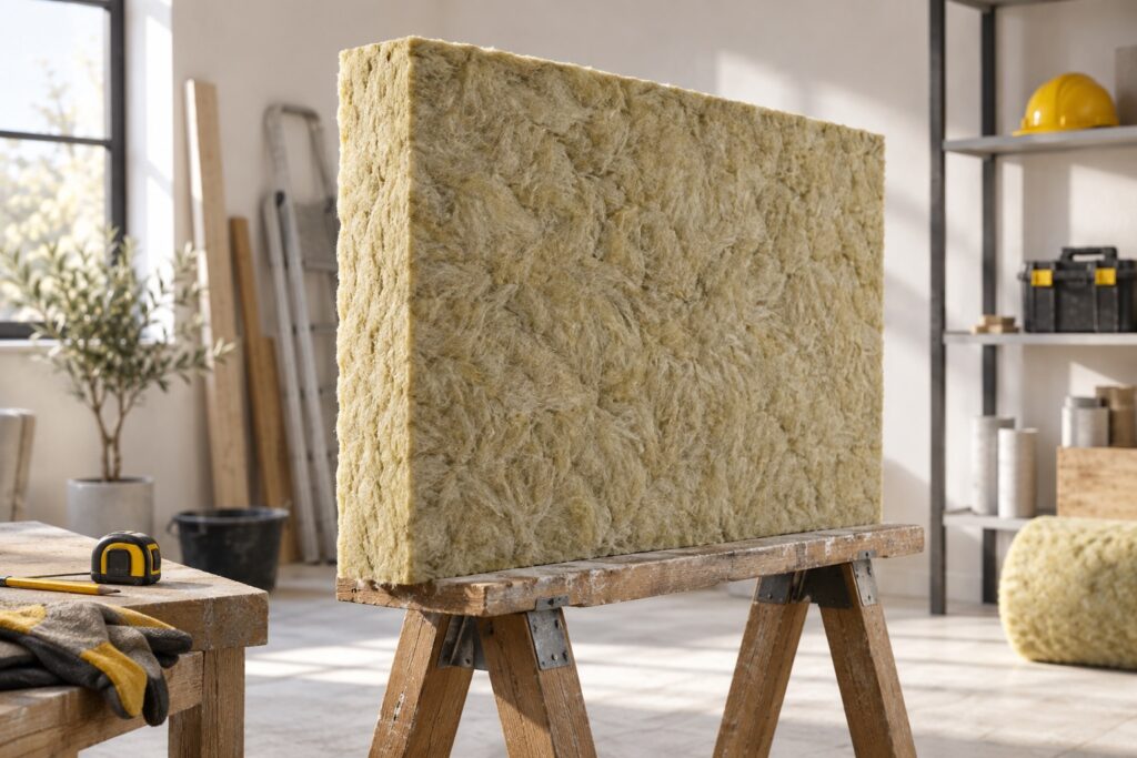 Panneau de laine de roche posé verticalement sur un chevalet d’atelier, texture fibreuse détaillée, lumière rasante.