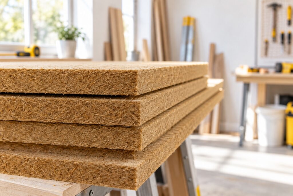 Panneaux de fibre de bois brun doré empilés dans un atelier de rénovation propre, gros plan des chants.