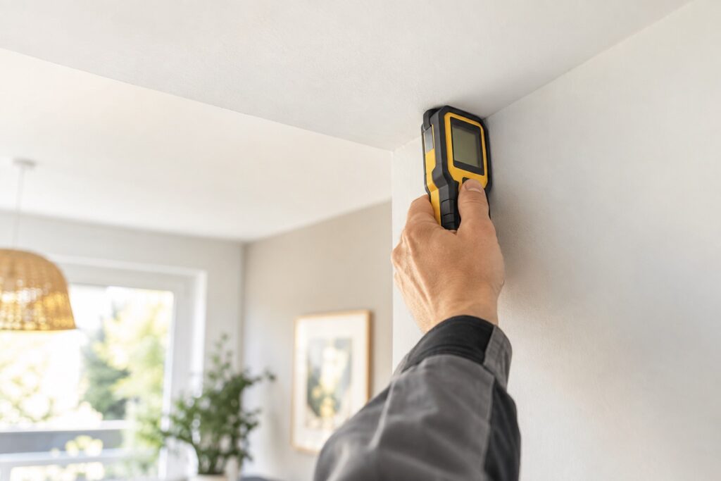 Angle intérieur entre mur et plafond d’une maison claire, technicien cadré seulement sur sa main tenant un appareil de mesure sans indication lisible.