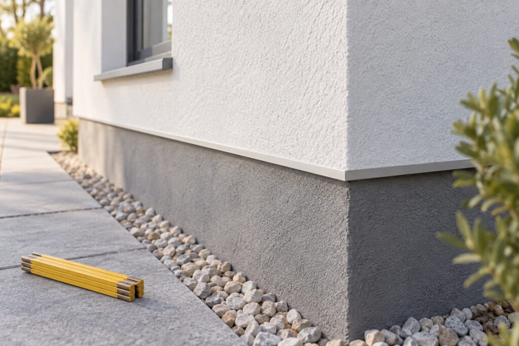 Détail extérieur du raccord entre soubassement et façade isolée, photographie architecturale précise, un mètre jaune fermé au sol.